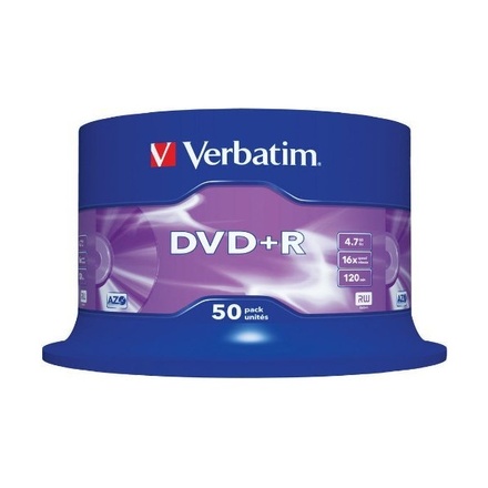 DVD disk Verbatim DVD+R(50-Pack),Spindl/MattSlvr/16x/4.7GB (43550)