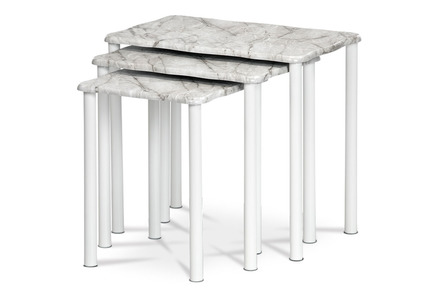Konferenční stolky Autronic Přístavné a odkládací stolky, set 3 ks, deska šedobílý mramor, kovové nohy, bílý (20658-04 WT)
