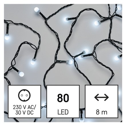 Vánoční osvětlení Emos D5AC02 LED vánoční cherry řetěz – kuličky, 8 m, venkovní i vnitřní, studená bílá, časovač (poslední kus)