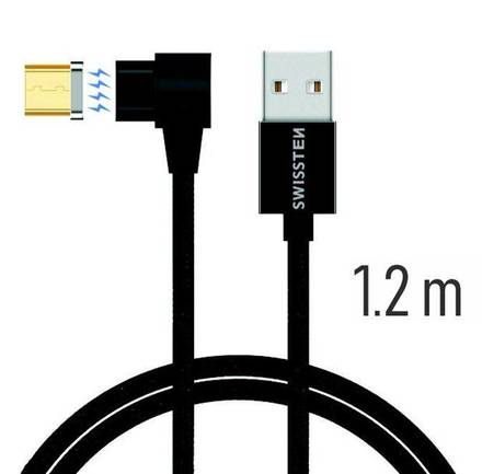 USB kabel Swissten kabel USB microUSB magnetický textilní úhlový 1,2m 3A černá