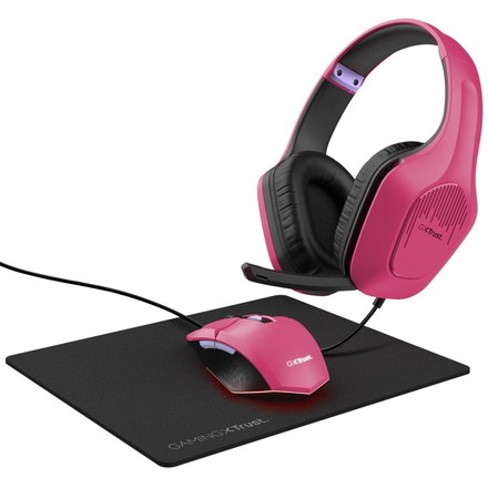 Sluchátka s mikrofonem, počítačová myš a podložka Trust GXT 790 3v1, headset + myš + podložka pod myš - růžový