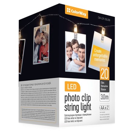 LED fotokolíčky ColorWay 20 kolíčků, délka 3m, 3x AA, teplá bílá