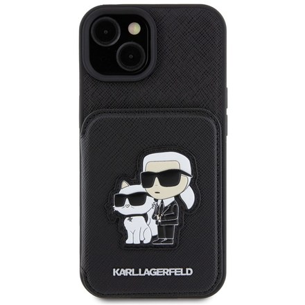 Kryt na mobil Karl Lagerfeld PU Saffiano Card Slot Stand Karl and Choupette na Apple iPhone 15 - černý