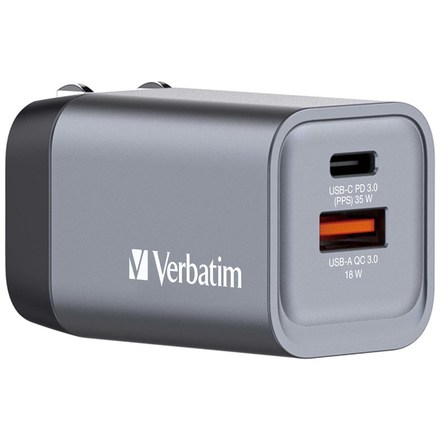 Nabíječka do sítě Verbatim GNC-35 GaN 35W, 1x USB-C PD 35W, 1x USB-A QC 3.0 - stříbrná